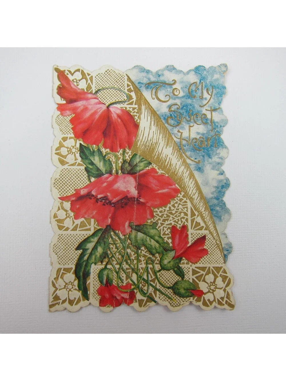 Valentine Card Red Poppy Flowers Gold Embossed Die cut Bifold Antique 1913